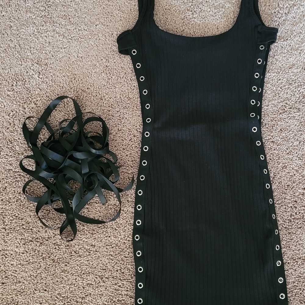 Elegant Black Dress with Eyelet Tie Up Side Detailing